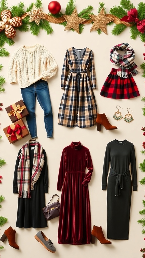 Stylish Christmas outfits for women including sweaters, dresses, and accessories on a festive background.